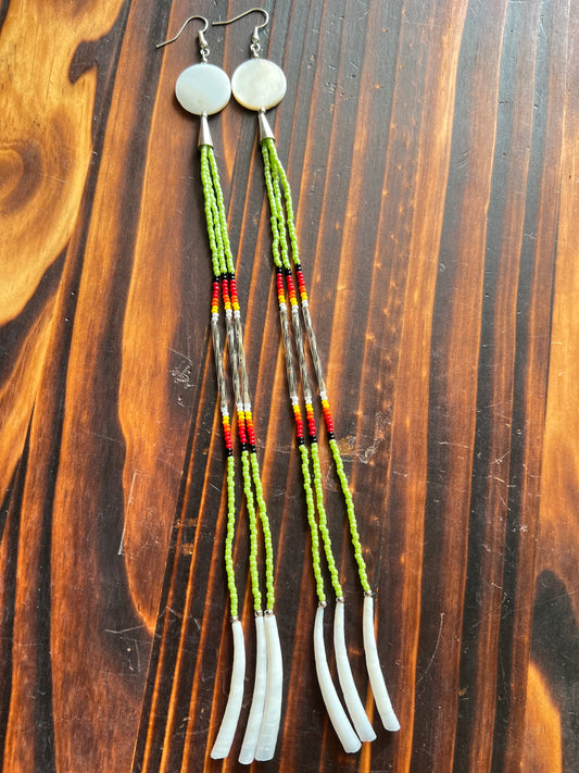 Lime Green Earrings with Dentalium Shells