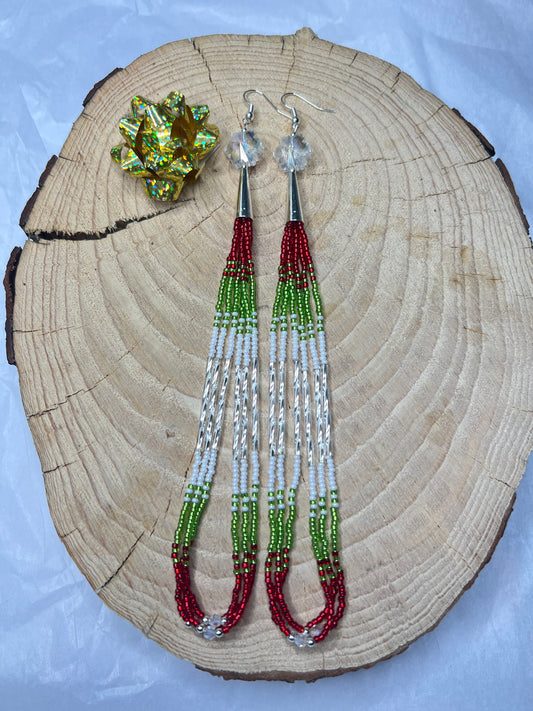 Red, Green and Silver Lined Christmas Fringe Earrings