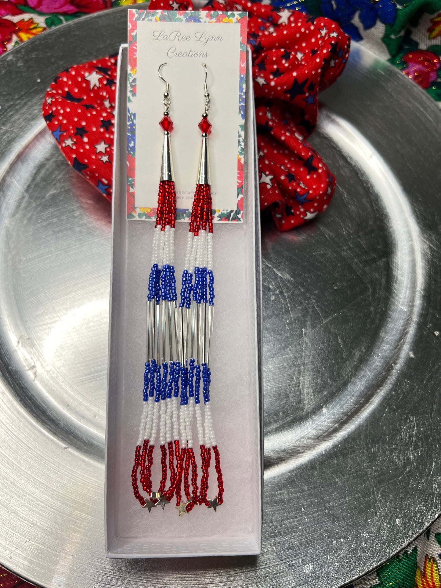 7 Inch Red, White and Blue Fringe Earring with Scrunchie