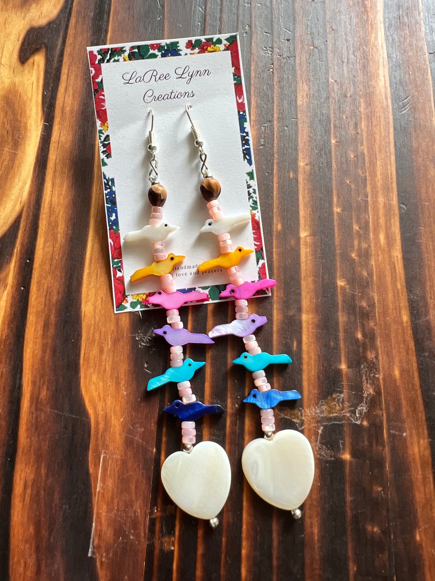 Pink Mother of Pearl with Birds, Cedar bead and Heart